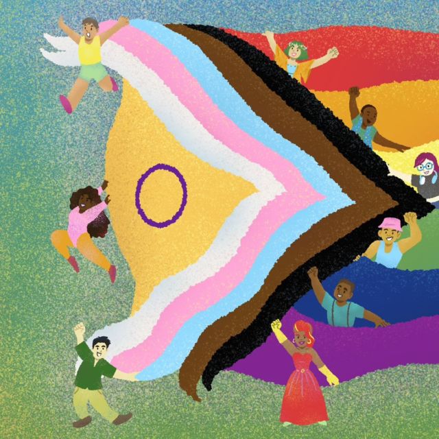 3 of 4 new illustrations commissioned by @fightinequality for the Fight for Alternatives Global Assembly! People holding different-colored fabrics form the Intersex-Inclusive Progress Pride Flag. Raising their fists, they show that Pride is more than a celebration--it's a protest.

More photos from the Assembly at the Bahay ng Alumni. Loved the visual summary/live drawing from the day before, and the graphic design of the tote by Colectivo Mujeres de Asfalto.